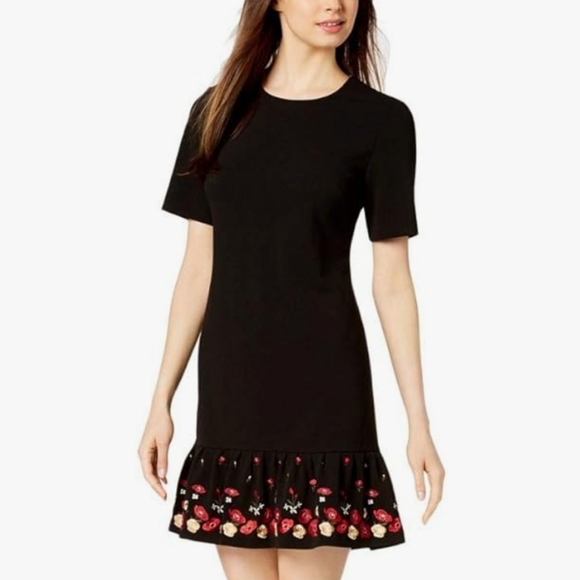 NWT Calvin Klein Black Floral Embroidery Short Sleeve Sheath Dress 8P 8 Petite - Picture 1 of 13